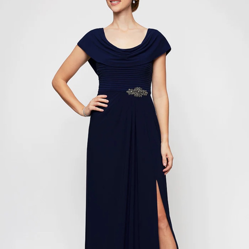 Alex Evenings Navy Maxi Dress with Embellished Waist